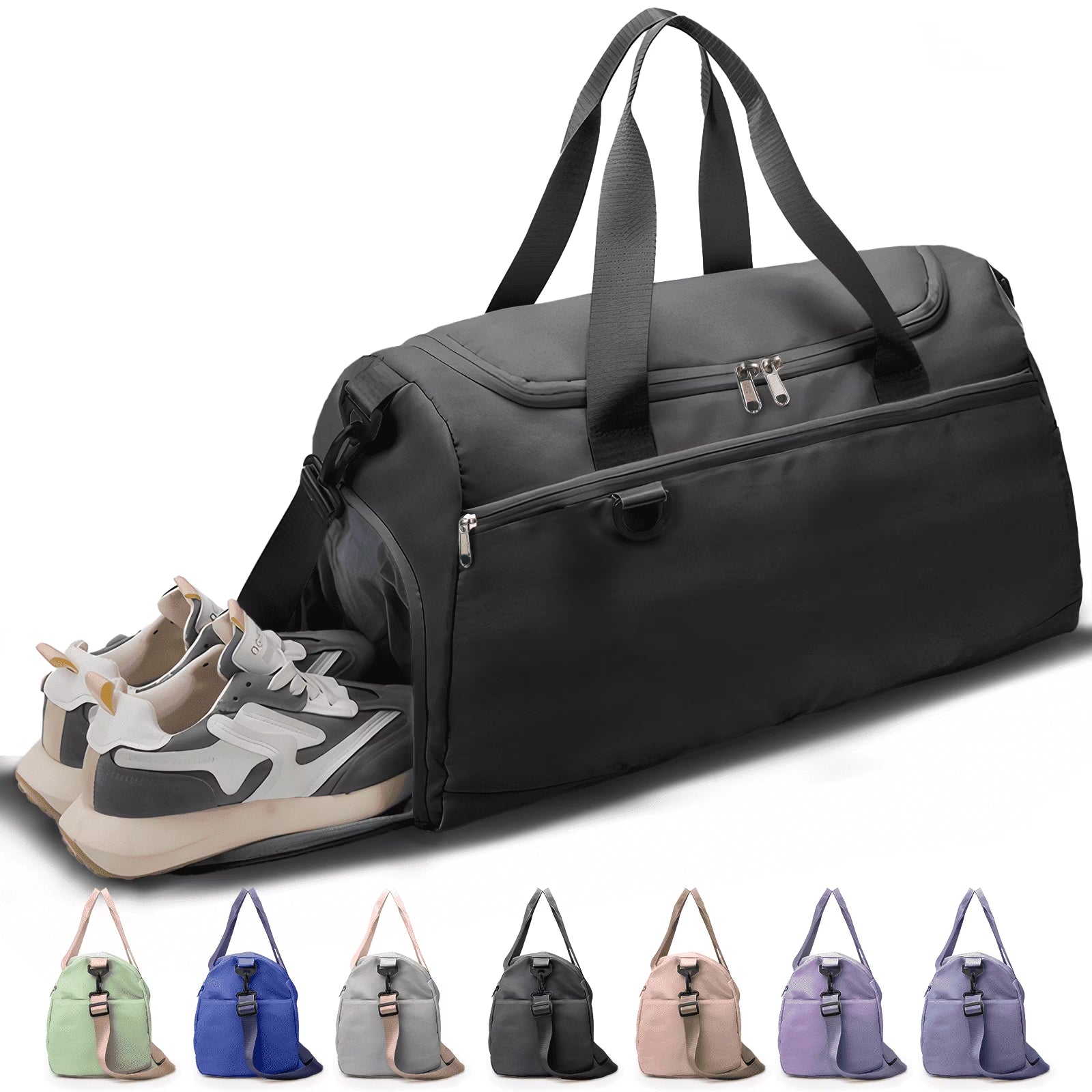 Travel Duffle Bag Gym Bags with Shoe Compartment Wet Pocket Waterproof for Weekender Overnight Gym Sports Traveling Swimming Yoga Workout, Black