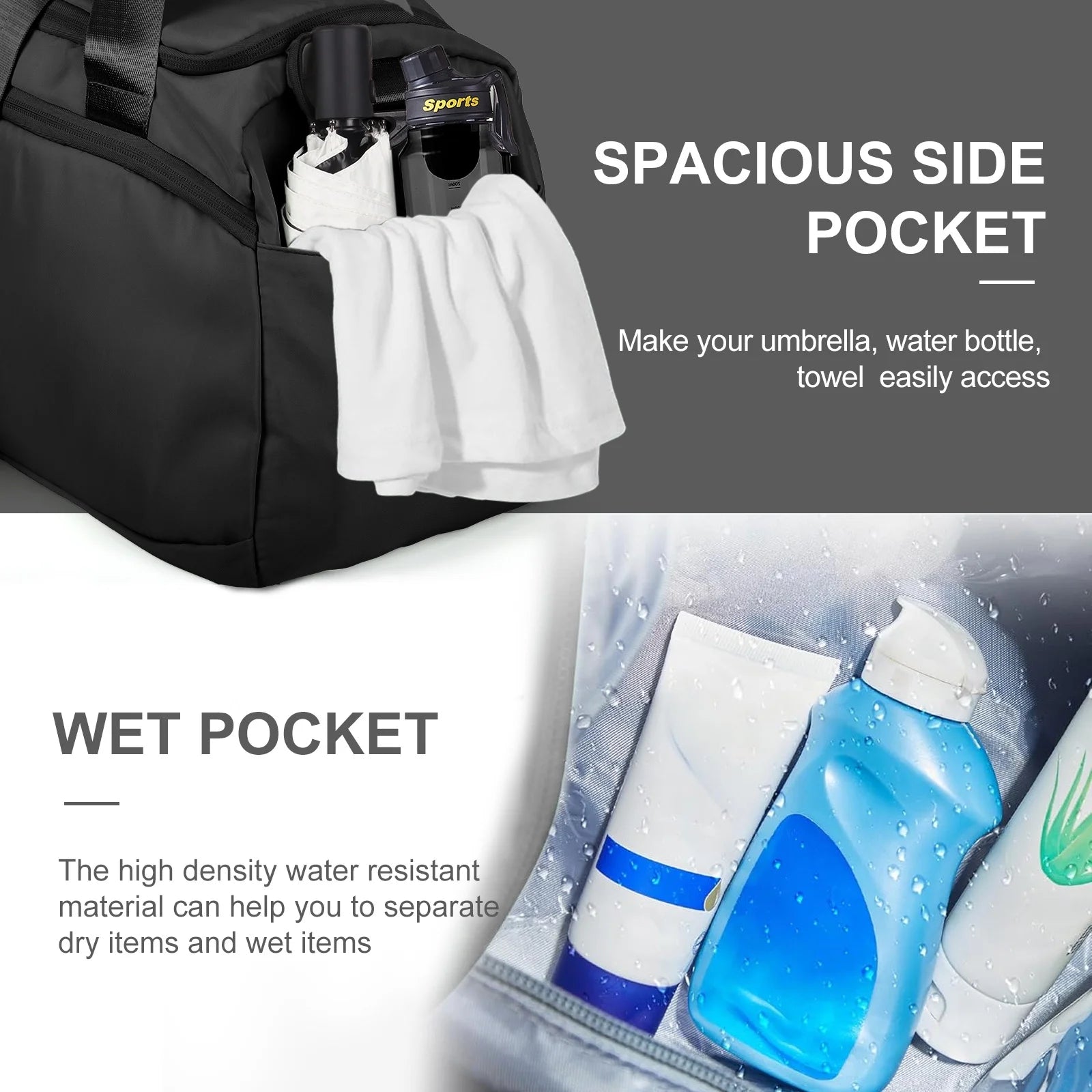 Travel Duffle Bag Gym Bags with Shoe Compartment Wet Pocket Waterproof for Weekender Overnight Gym Sports Traveling Swimming Yoga Workout, Black