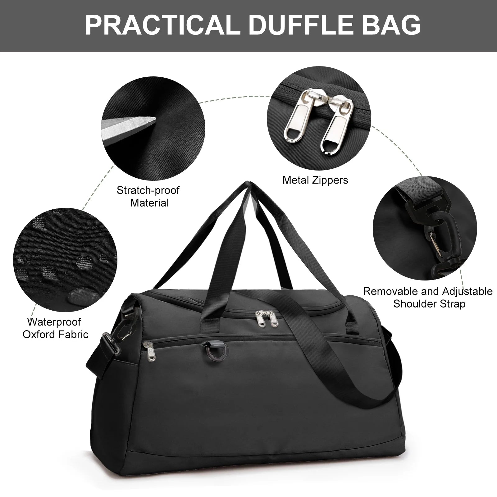 Travel Duffle Bag Gym Bags with Shoe Compartment Wet Pocket Waterproof for Weekender Overnight Gym Sports Traveling Swimming Yoga Workout, Black